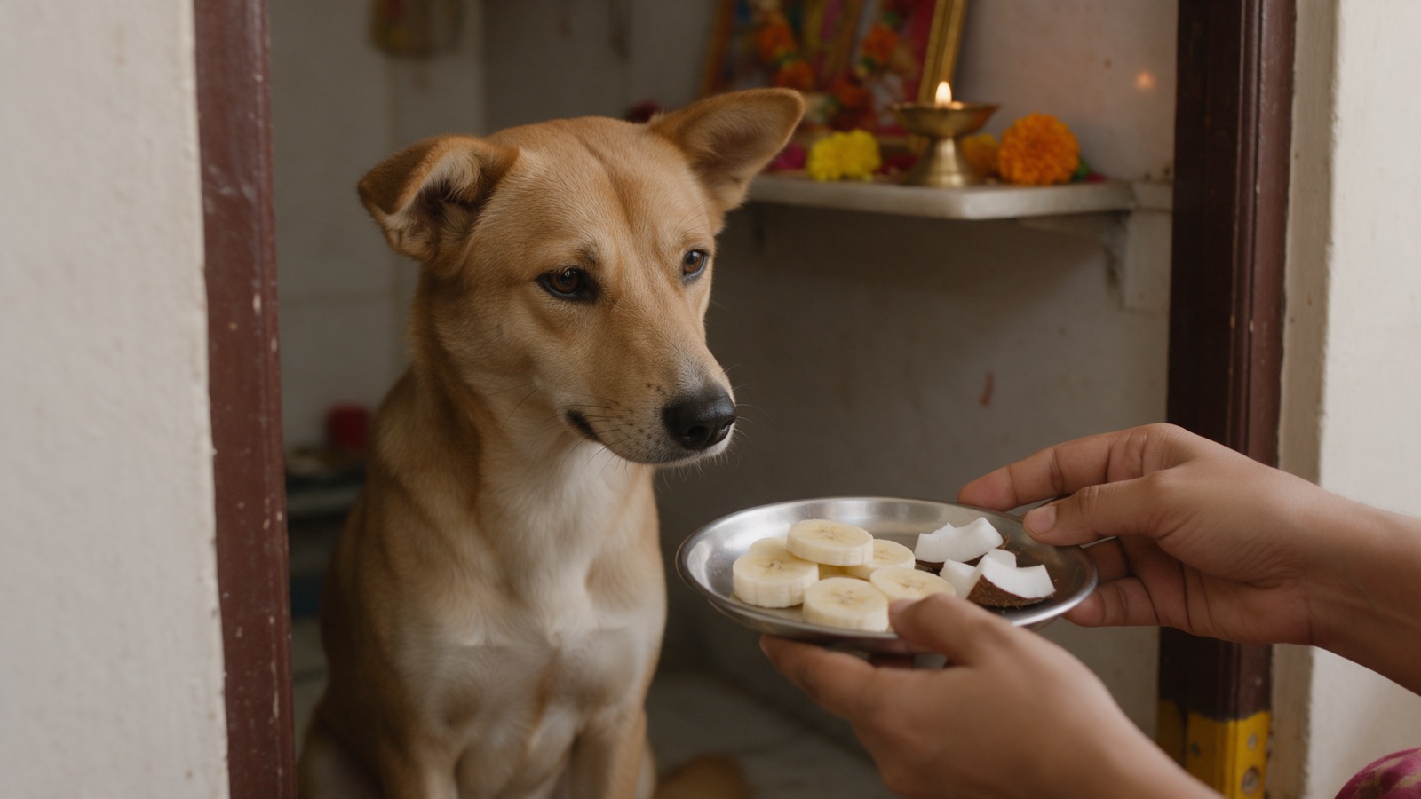 A fawn dog sits near a puja room doorway while hands hold a small plate of banana slices and fresh coconut pieces.
