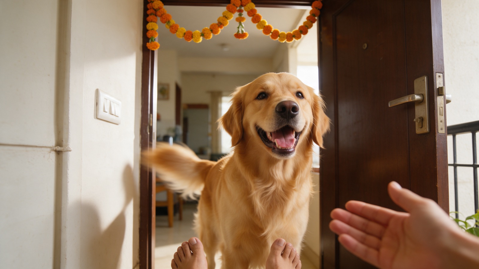 A joyful golden retriever greets a visitor at a front door decorated with a marigold toran.