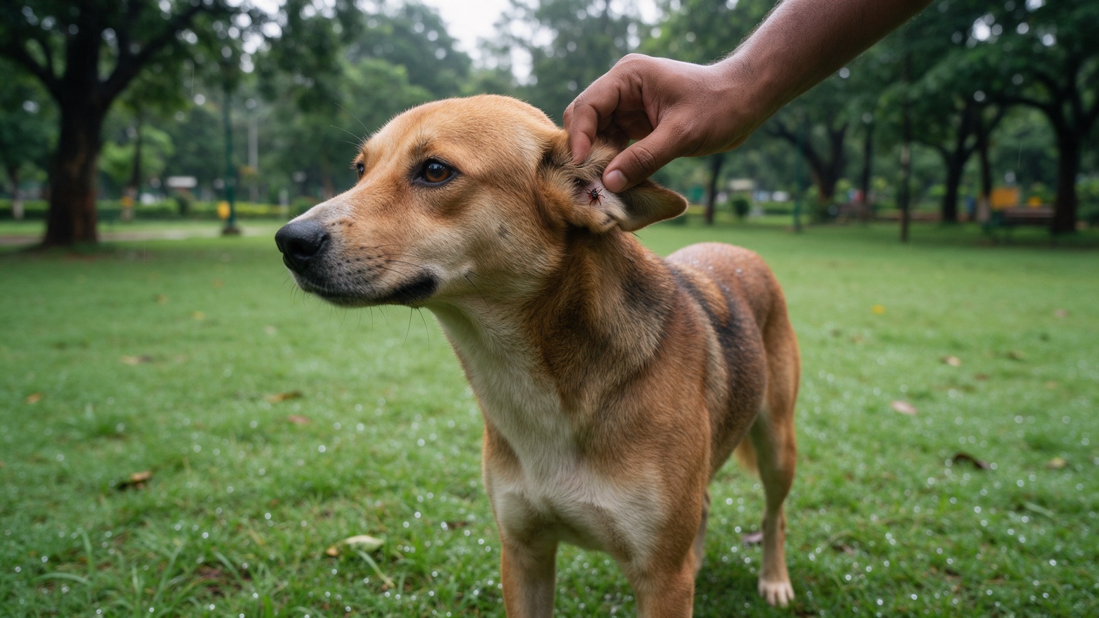 A hand parts the fur behind an indie dog's ear to check for ticks on a rain-washed lawn.